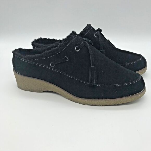 Lands' End Black Suede Faux Fur Lined Clogs Women 7.5 Tasseled Crepe Wedge Shoe - Picture 3 of 10